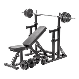 Squat / Dip Adjustable Rack + Univerzalna podesiva klupa + Komplet utega i šipki - 50 kg